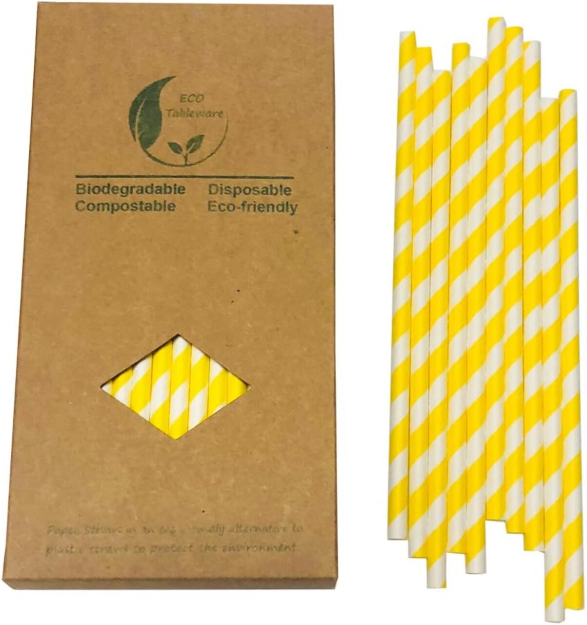 Yellow And White Paper Straws, Pack of 100 Disposable Yellow Striped Cockatil Drinking Straw for Cake Pop Sticks, Anniversary, Birthday Party Supplies